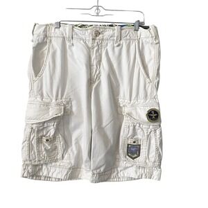 Jet Lag Mens White Cargo Shorts Sz 34 Organic Sanforized Utility Patches Skater